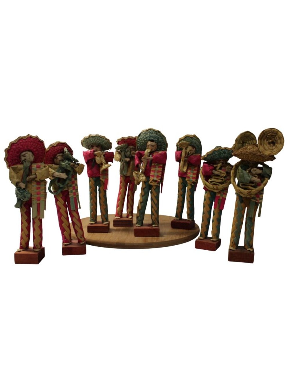 Vintage Mexican Woven Straw Mariachi Band Figurines Set of 8 Mexico Folk Art